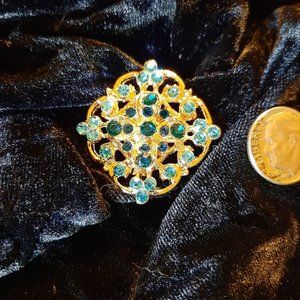 Beautiful Turquoise Rhinestone and Goldtone Brooch